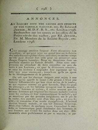 Annonces: An inquiry into the causes and effects of the variolae vaccinae.