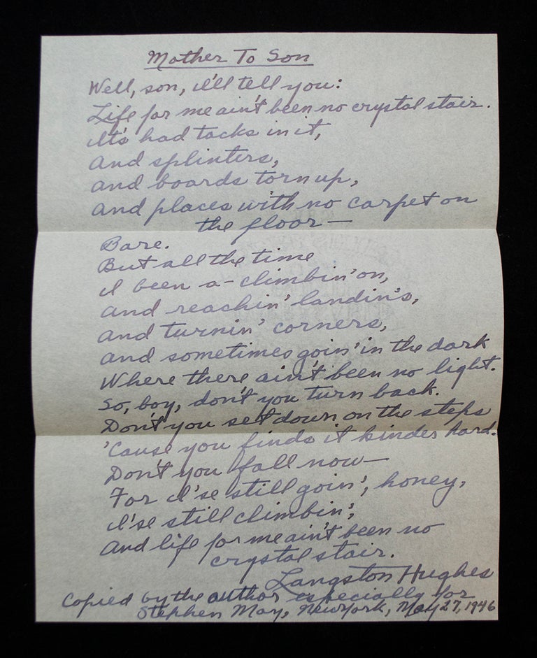 Item #68932 ALS with Poem "Mother to Son" Langston HUGHES.